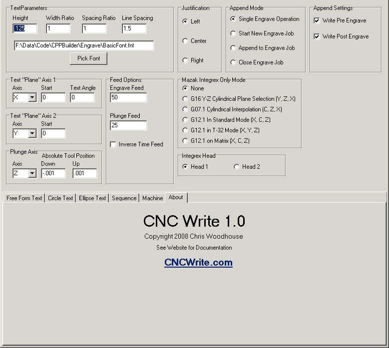 About Tab - CNC Write - Rotary and Linear Axis Engraving Screen Shot