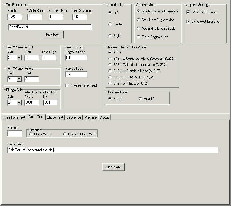 Circle Text Tab - CNC Write - Rotary and Linear Axis Engraving Screen Shot