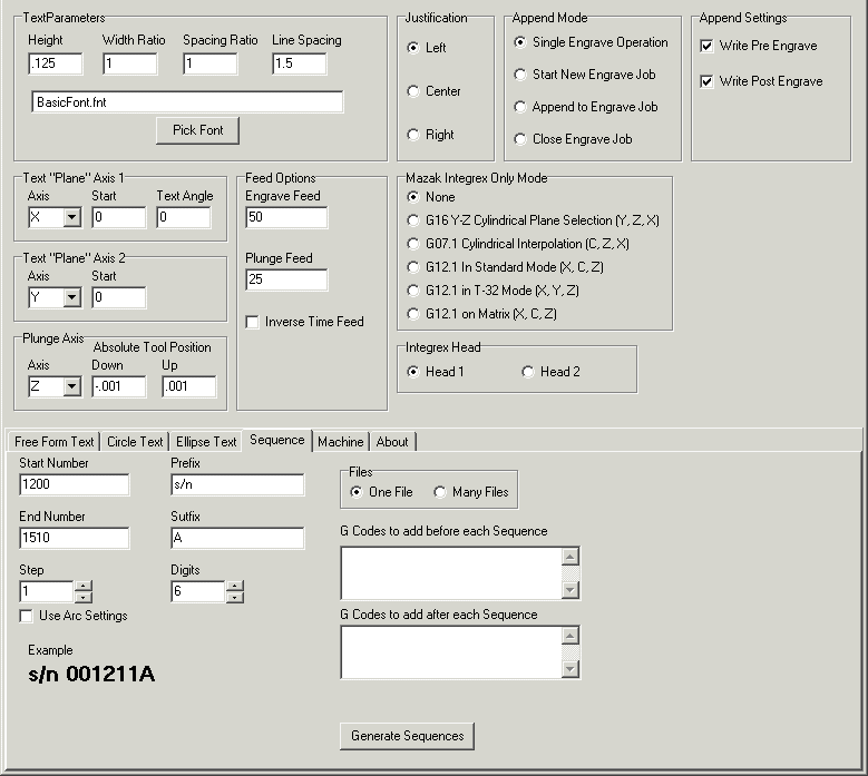Sequence Tab - CNC Write - Rotary and Linear Axis Engraving Screen Shot